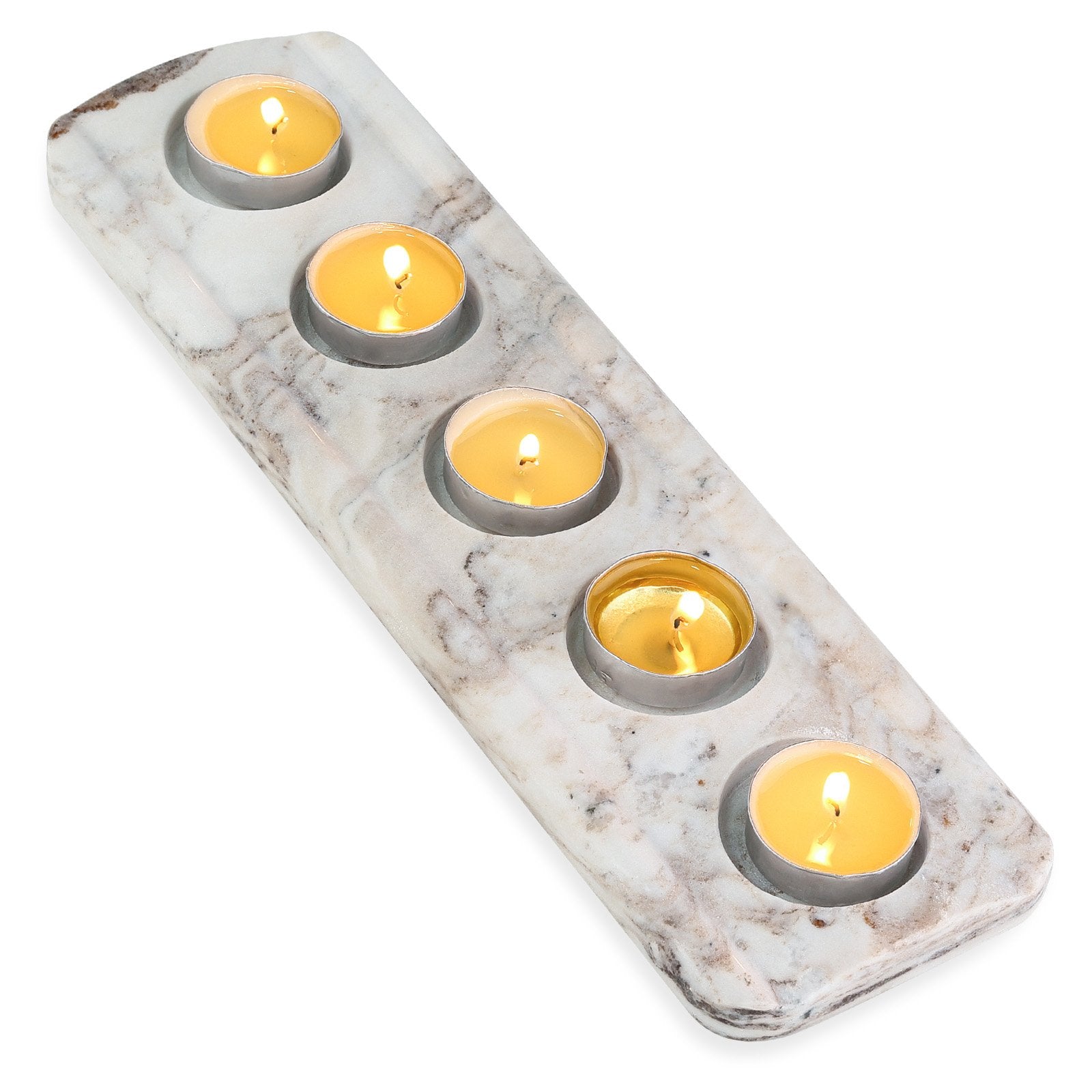 Koville natural marble tea light candle holder 5 holes in Palissandro Classico with a lit tea light candle