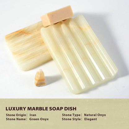 Koville Natural Onyx square wavy soap dish in Green Onyx with sculpted wave surface