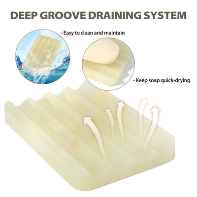 Koville Natural Onyx square wavy soap dish in Green Onyx with sculpted wave surface