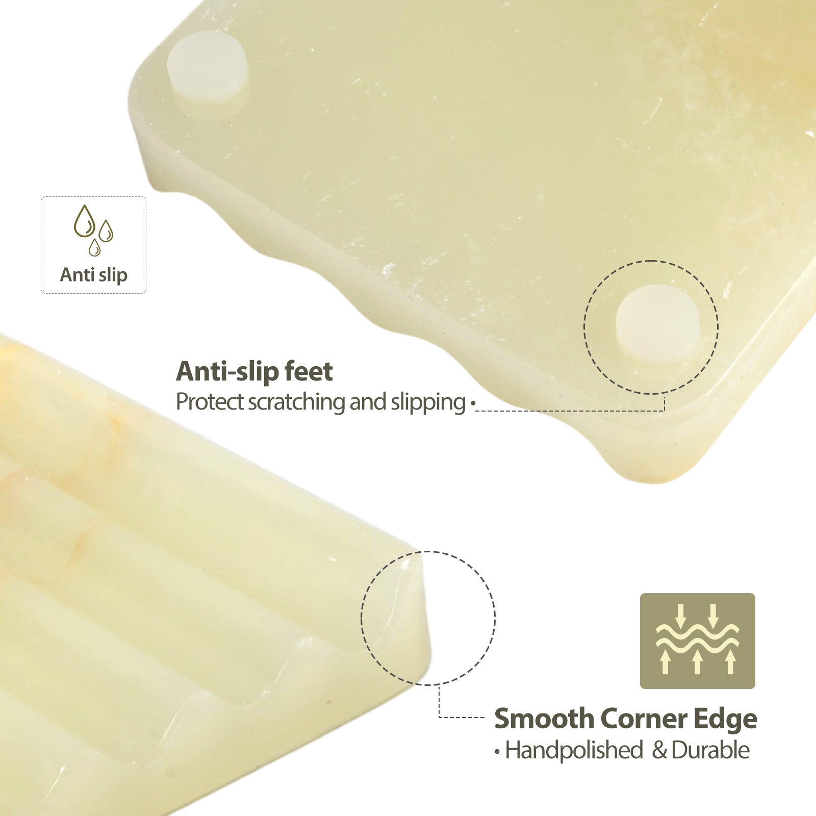 Koville Natural Onyx square wavy soap dish in Green Onyx with sculpted wave surface
