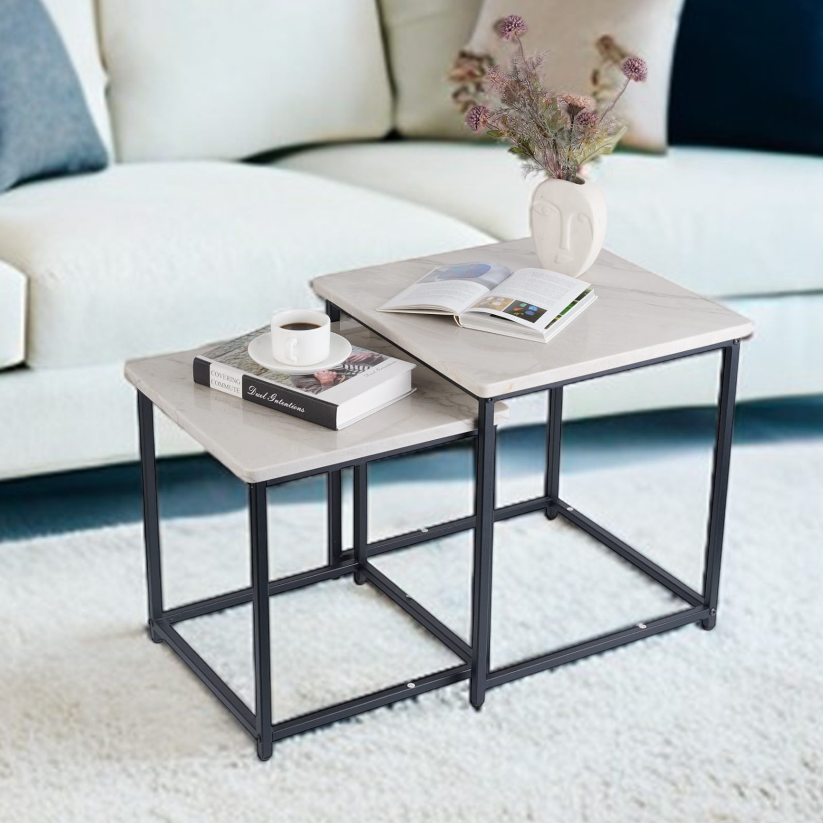 Koville Natural Stone Side Table Set in White Macaubas
