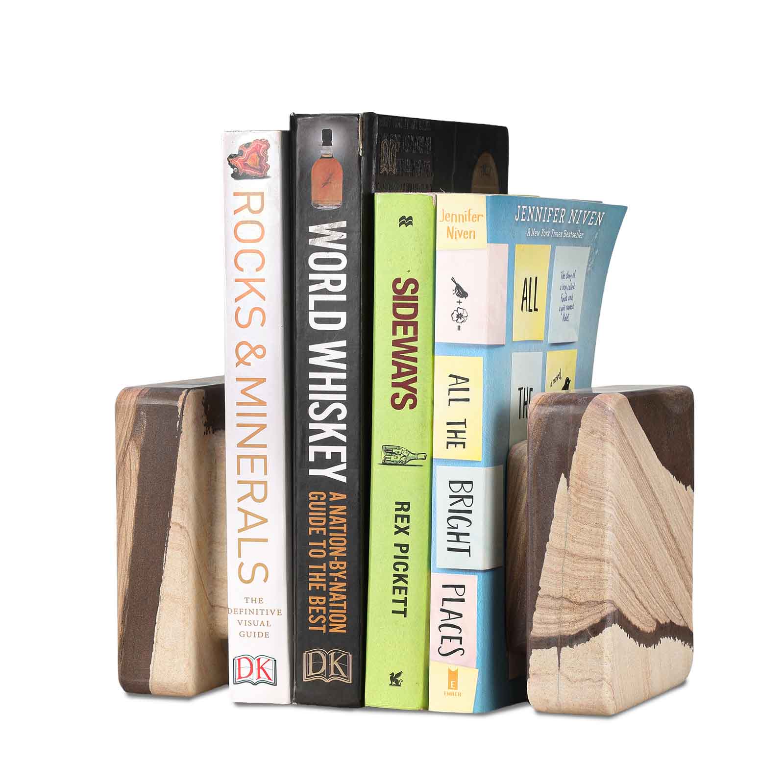 Koville Natural Stone Square Bookend Set for Modern Shelves in Vein Sandstone - natural stone finish