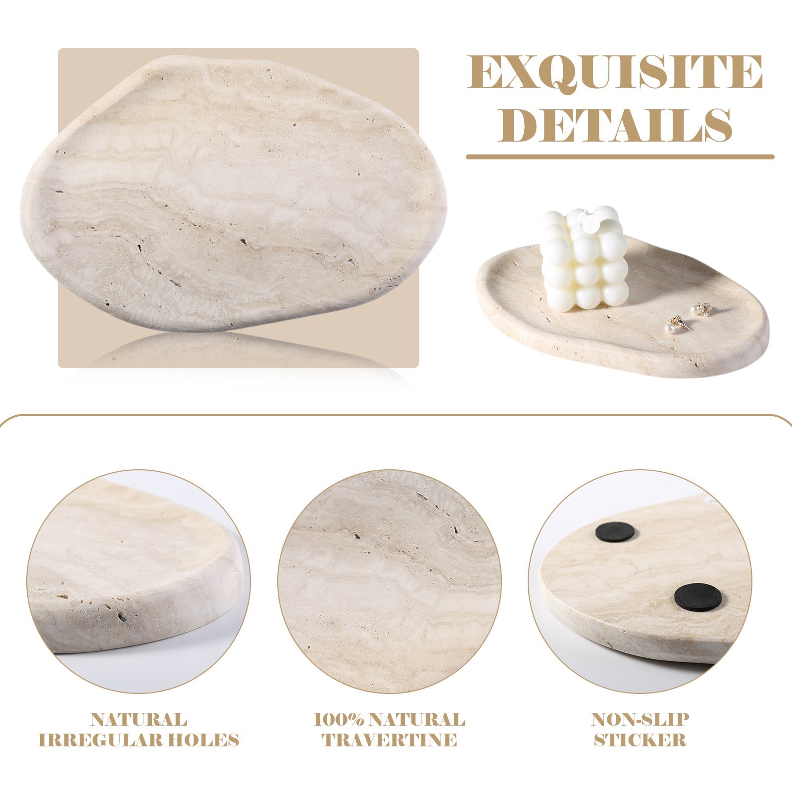 Koville lace edge storage tray for small items in Light BeigeTravertine natural stone