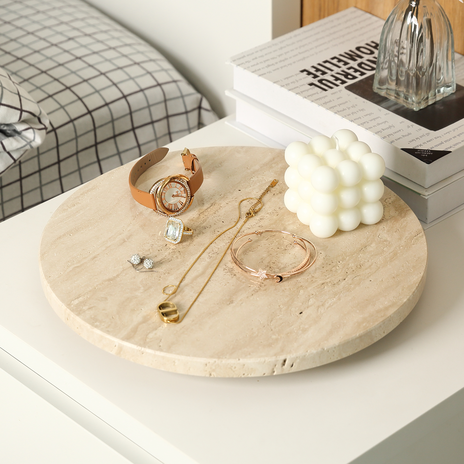 Koville 300 mm lazy susan for table serving in Light BeigeTravertine natural stone