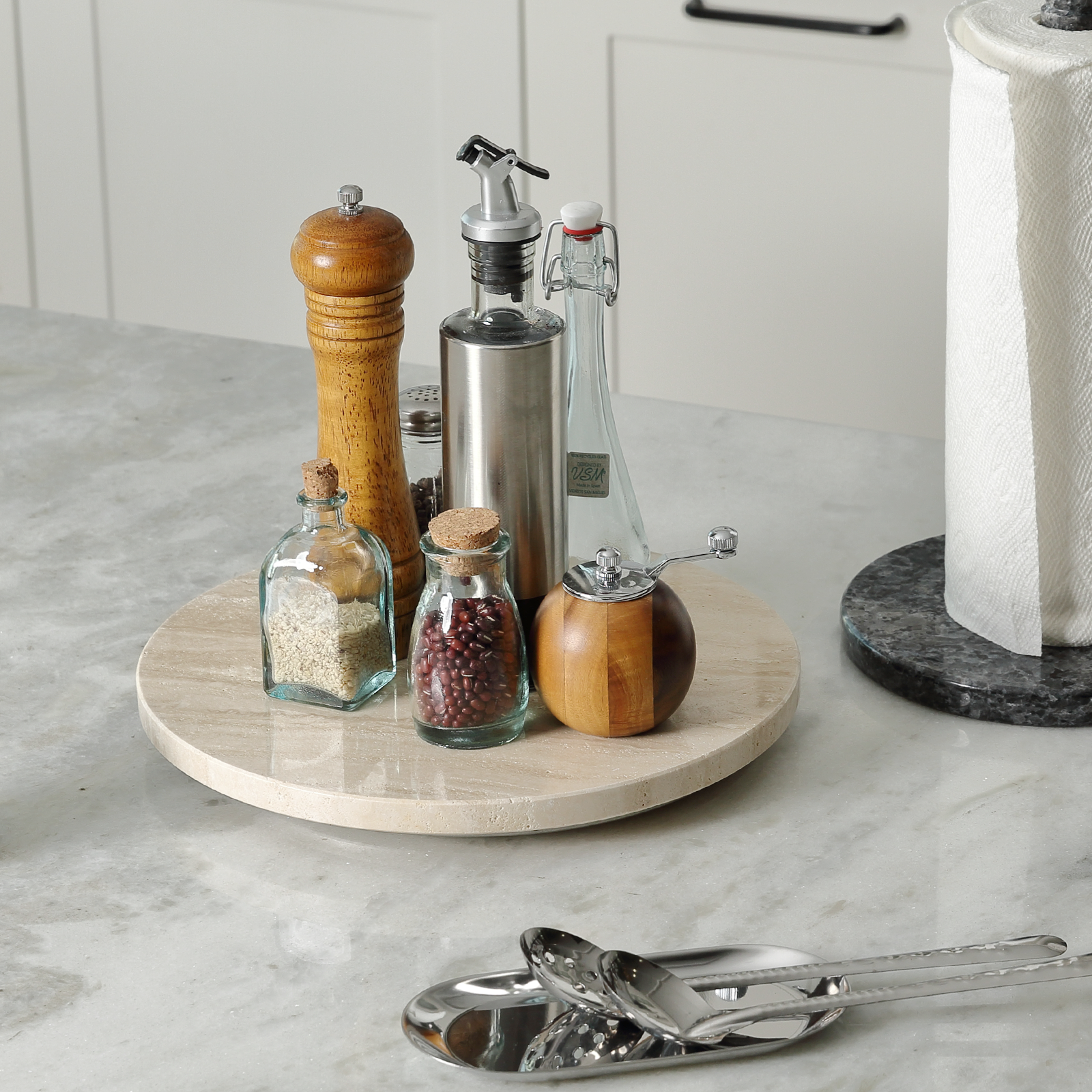Koville 300 mm lazy susan for table serving in Light BeigeTravertine natural stone