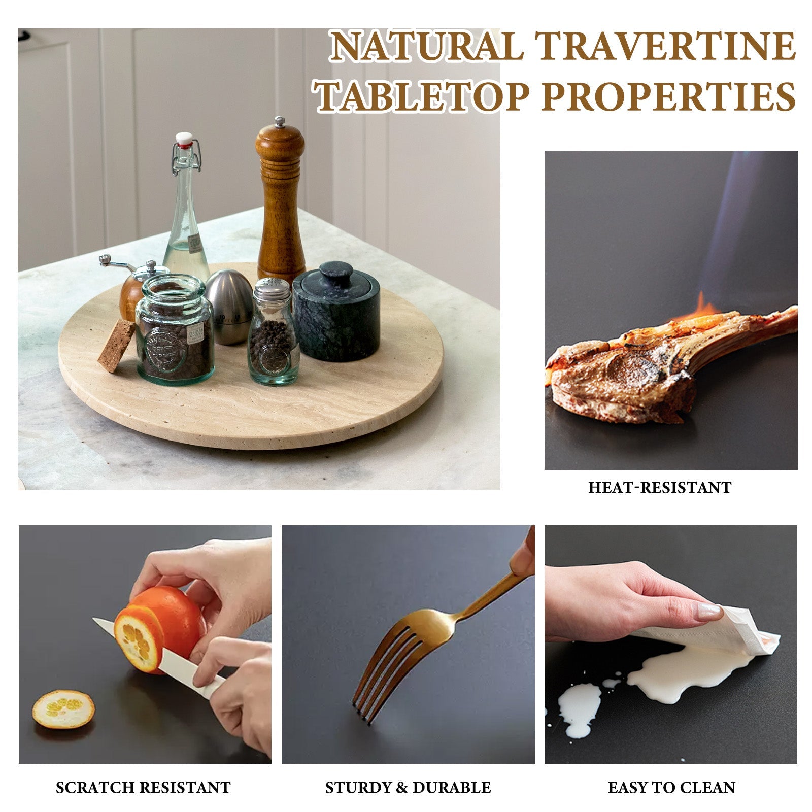 Koville 406 mm lazy susan for table serving in Light BeigeTravertine natural stone