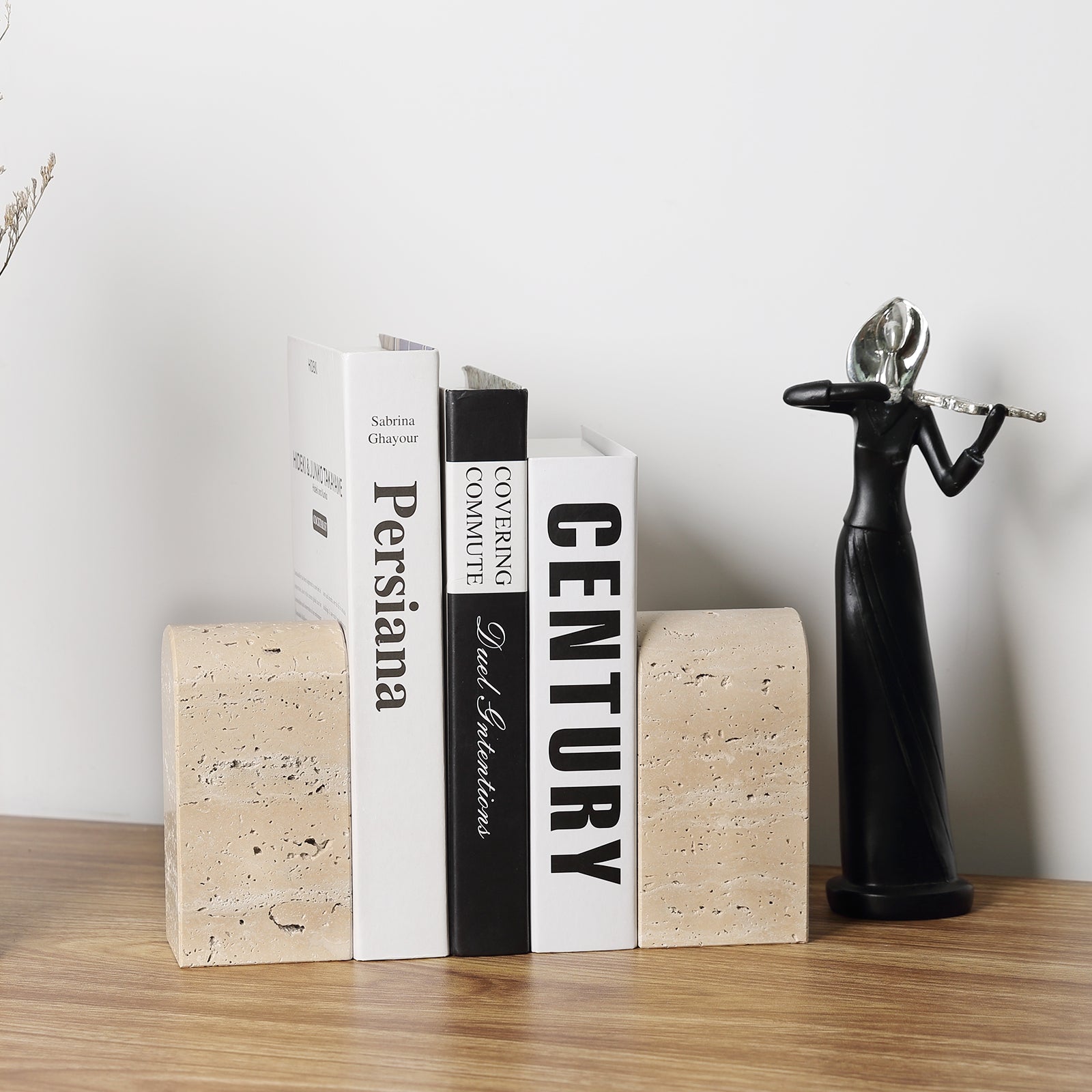 Koville medium triumphal arch bookends for shelf styling in Travertino Romano natural stone
