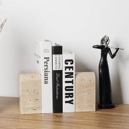 Koville medium triumphal arch bookends for shelf styling in Travertino Romano natural stone