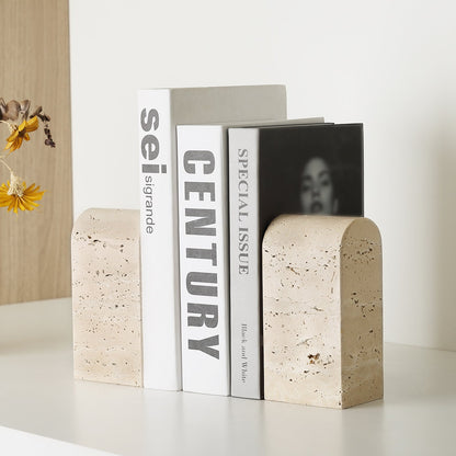 Koville medium triumphal arch bookends for shelf styling in Travertino Romano natural stone