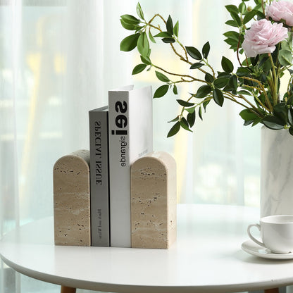Koville medium triumphal arch bookends for shelf styling in Travertino Romano natural stone