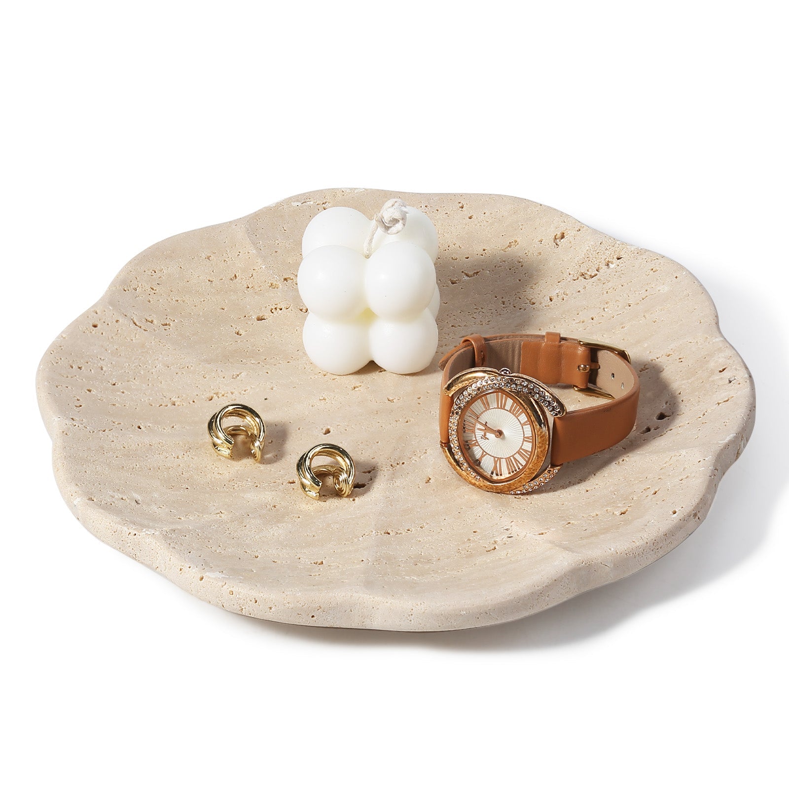 Koville pumpkin serving tray for table styling in Light BeigeTravertine natural stone