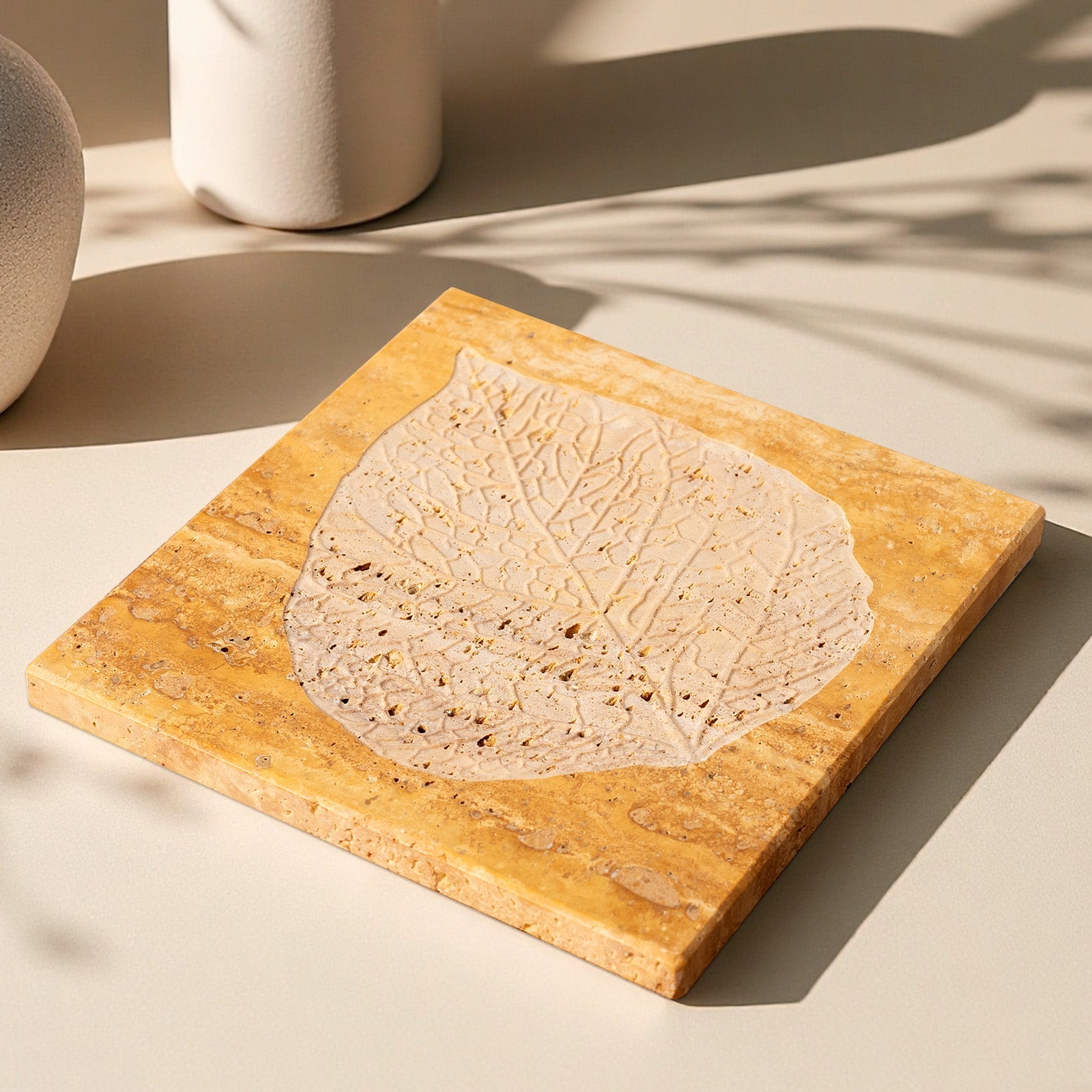 Koville Natural Travertine Bas Relief Decorative Tray for Tabletop Styling in Golden Travertine - natural stone finish