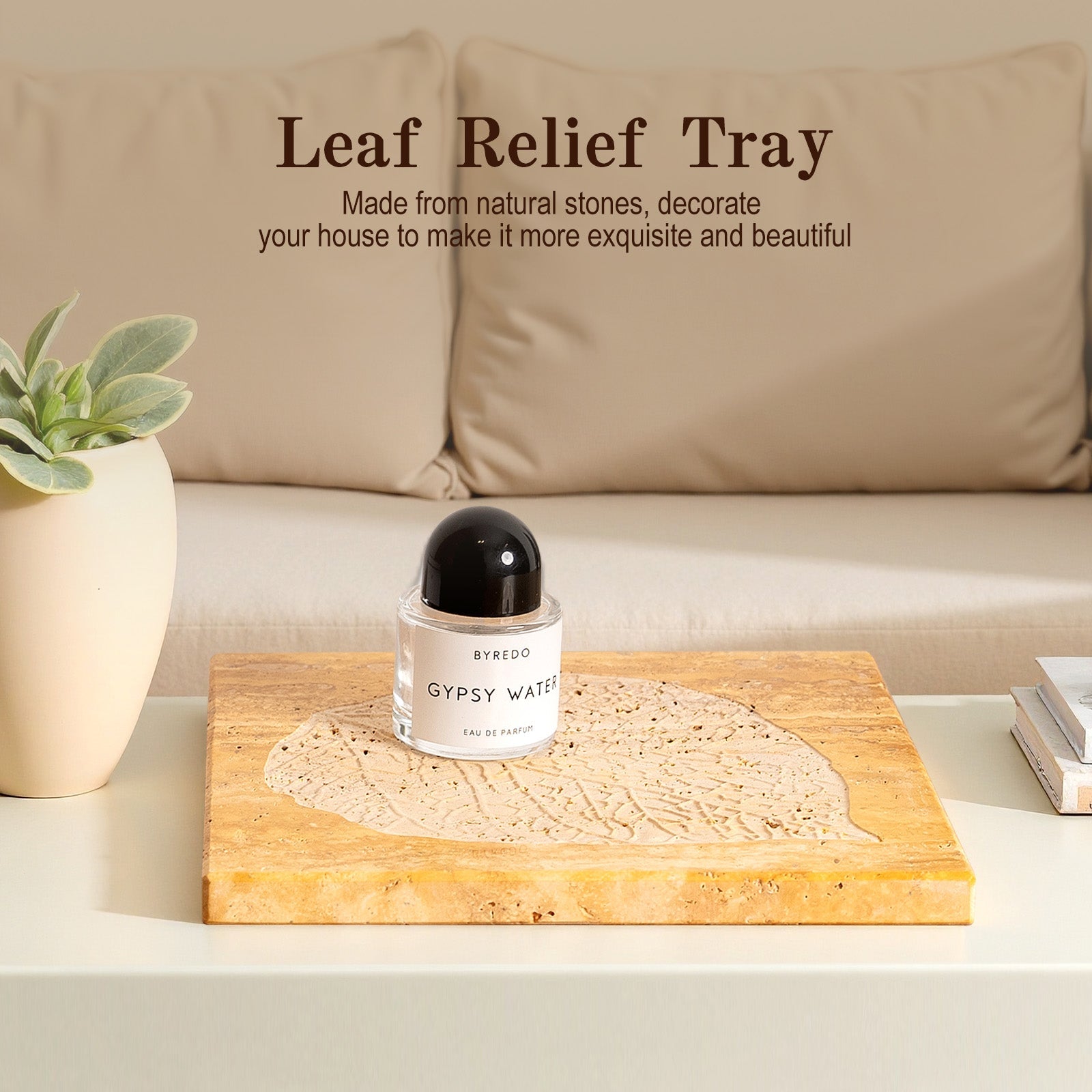 Koville Natural Travertine Bas Relief Decorative Tray for Tabletop Styling in Golden Travertine - material detail