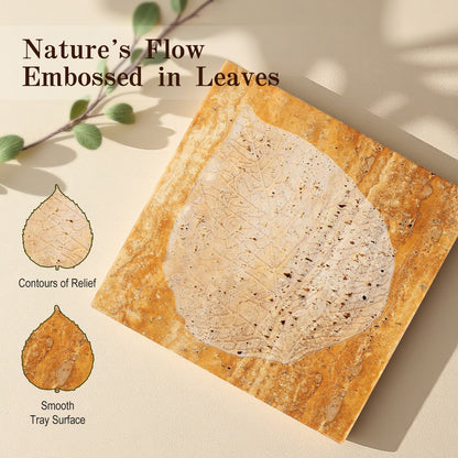 Koville natural stone bas relief tray in Golden Travertine - stone surface detail