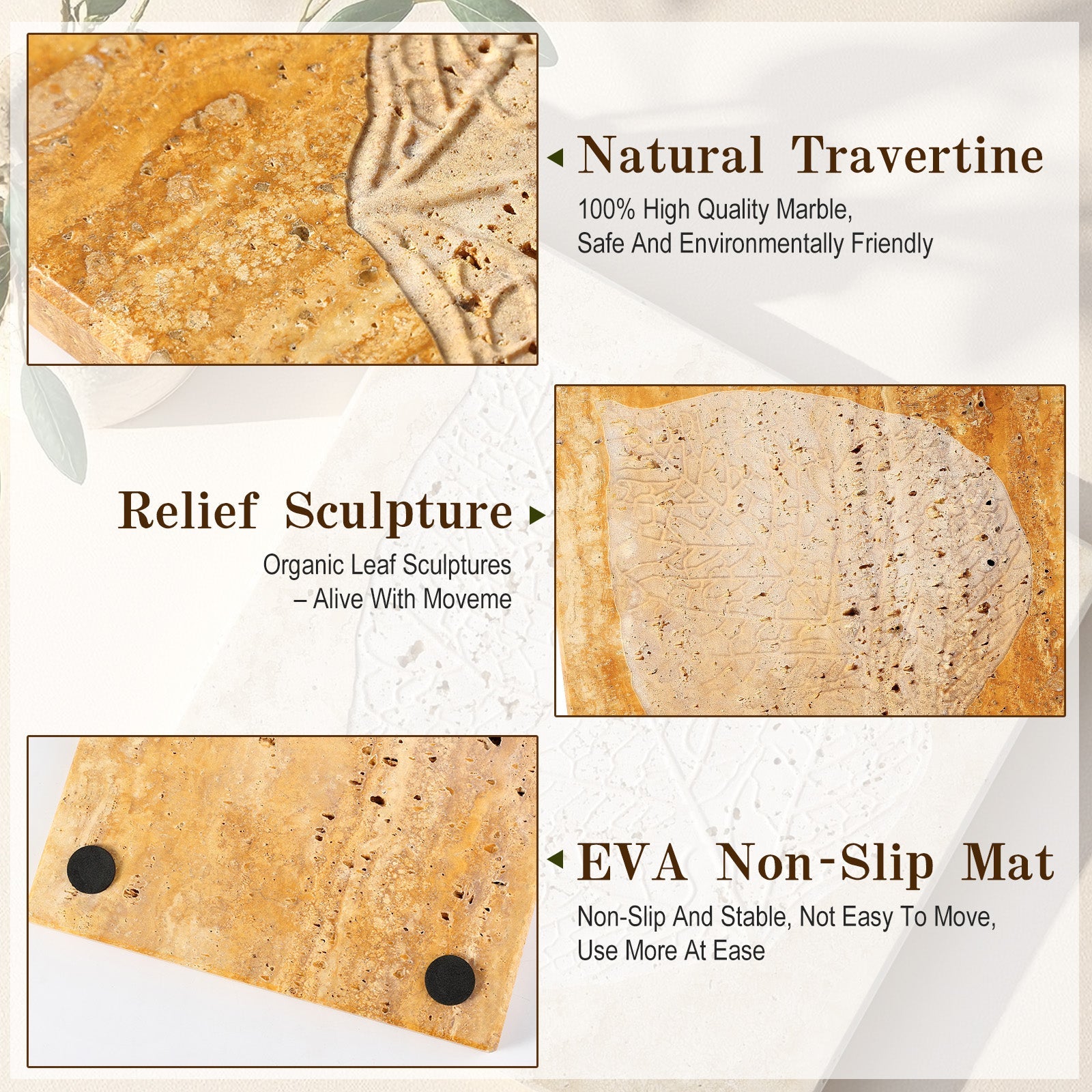 Koville Natural Travertine Bas Relief Decorative Tray for Tabletop Styling in Golden Travertine - product presentation