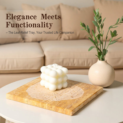 Koville Natural Travertine Bas Relief Decorative Tray for Tabletop Styling in Golden Travertine - stone surface detail