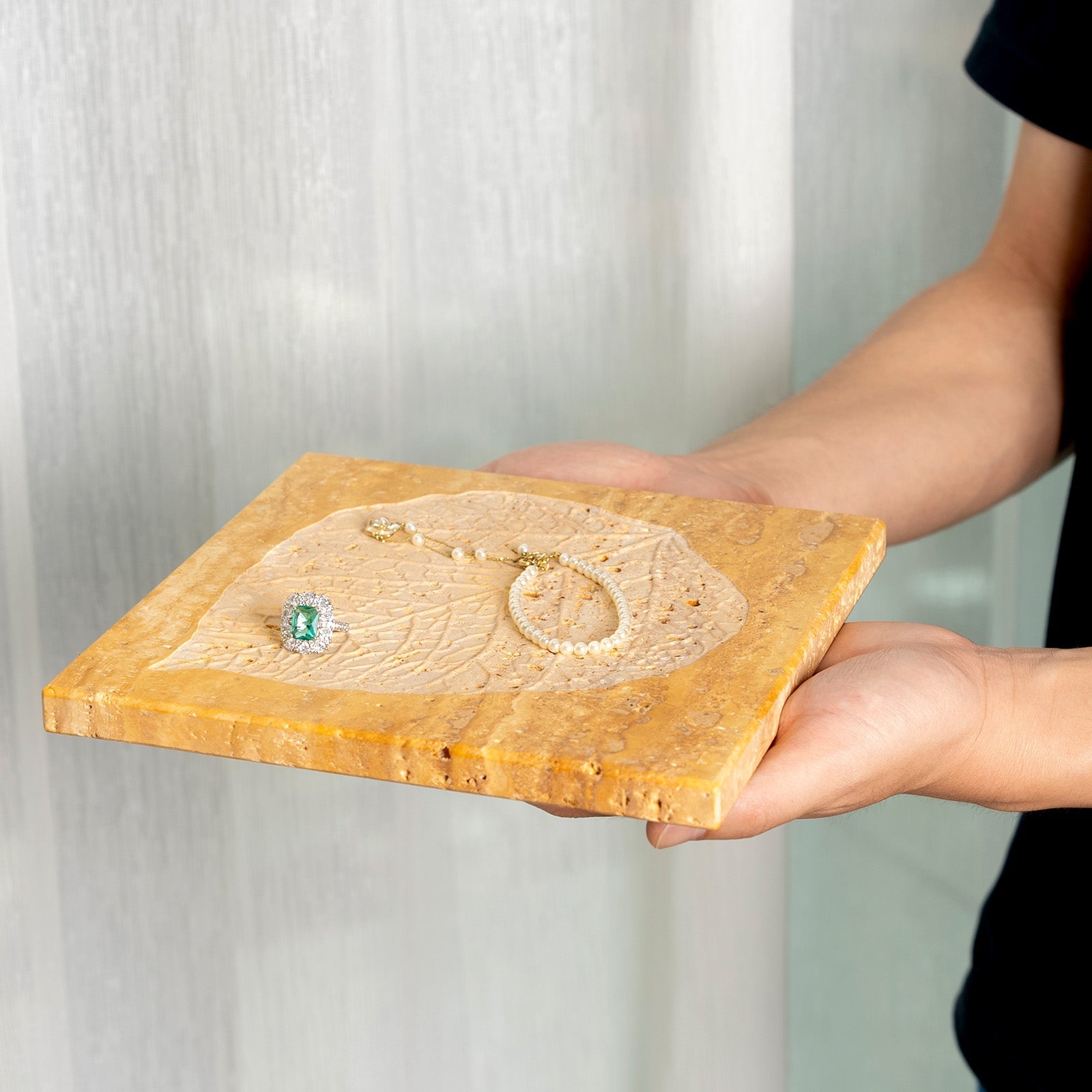 Koville Natural Travertine Bas Relief Decorative Tray for Tabletop Styling in Golden Travertine - decorative form