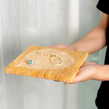 Koville Natural Travertine Bas Relief Decorative Tray for Tabletop Styling in Golden Travertine - decorative form