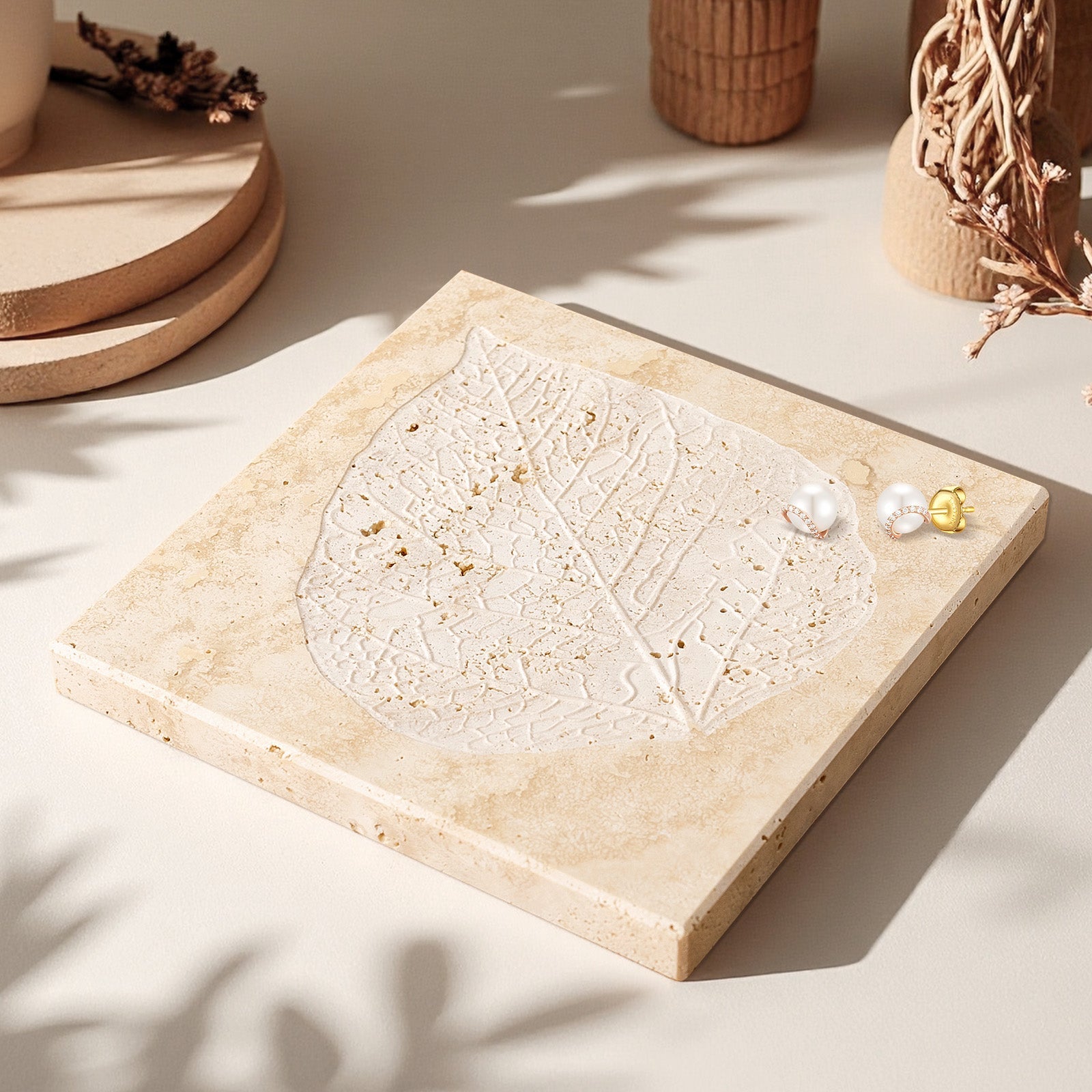 Koville Natural Stone Bas Relief Decorative Tray for Tabletop Styling in Natural Stone - natural stone finish