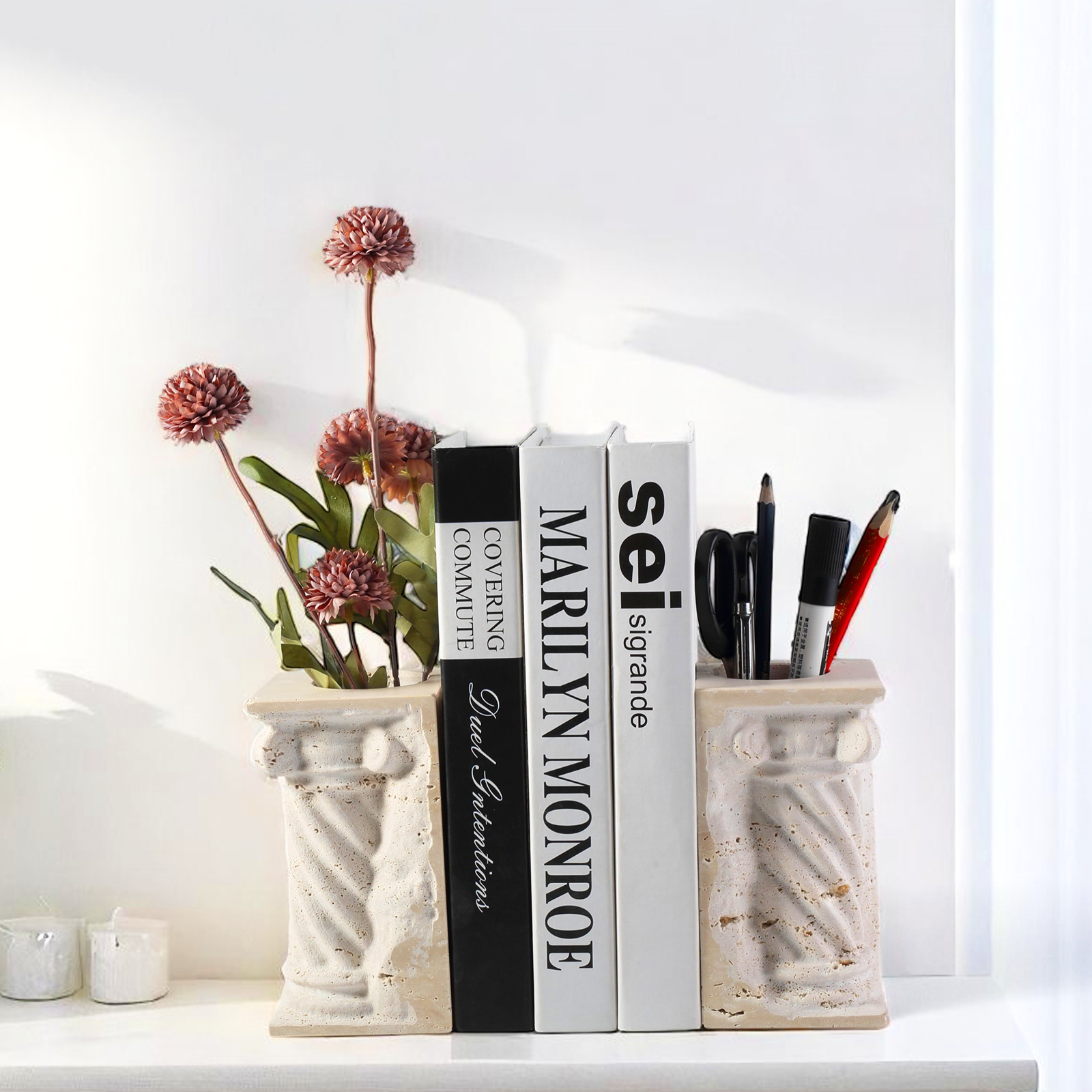 Koville roman column vase bookends for shelves in Light BeigeTravertine natural stone
