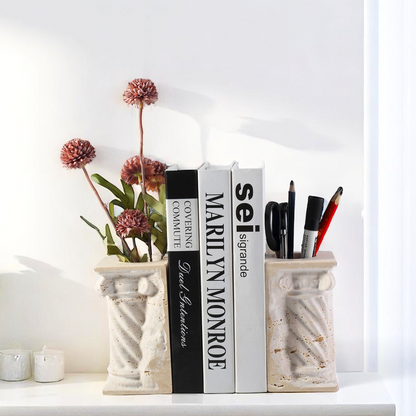 Koville roman column vase bookends for shelves in Light BeigeTravertine natural stone