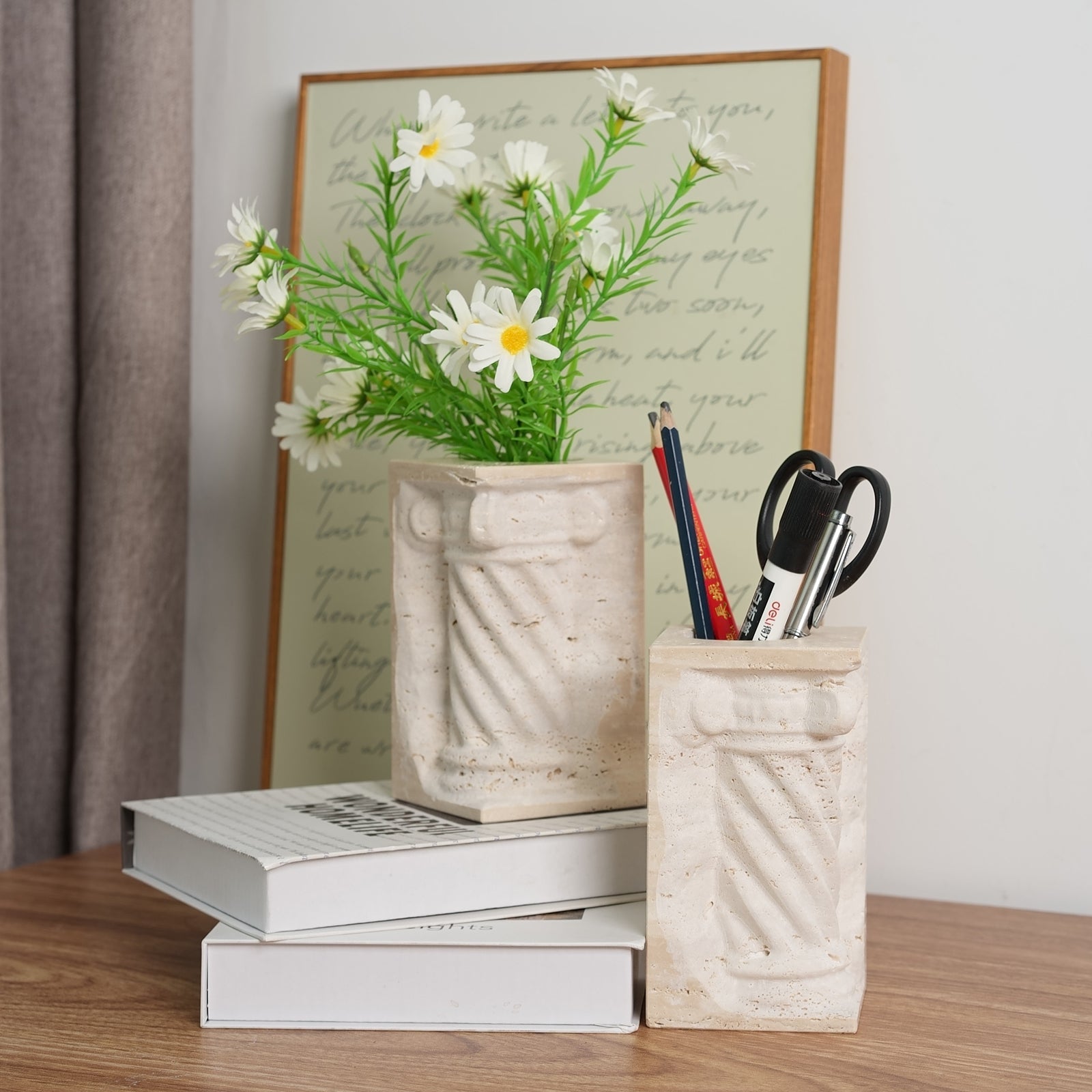 Koville roman column vase bookends for shelves in Light BeigeTravertine natural stone
