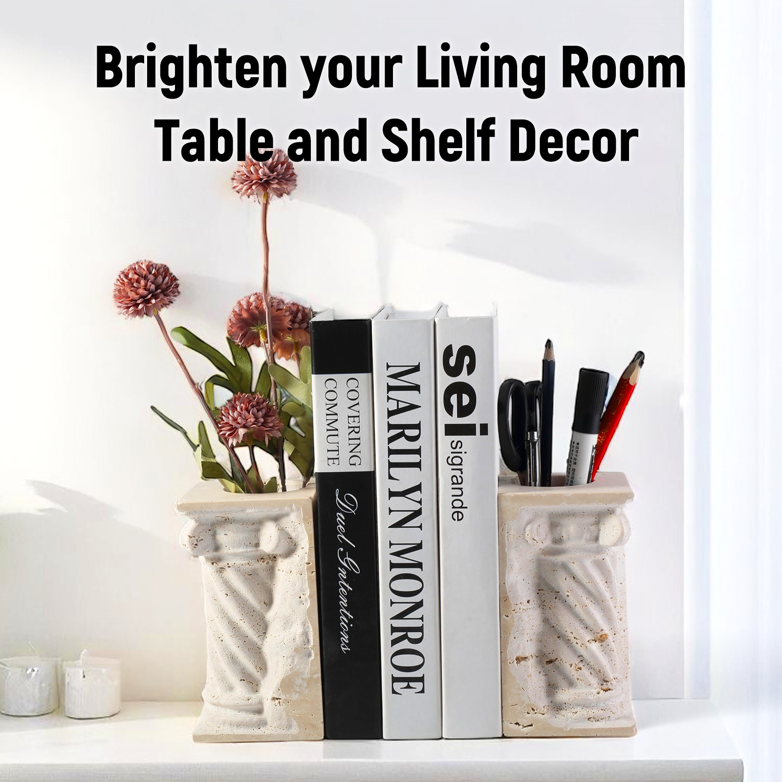 Koville roman column vase bookends for shelves in Light BeigeTravertine natural stone