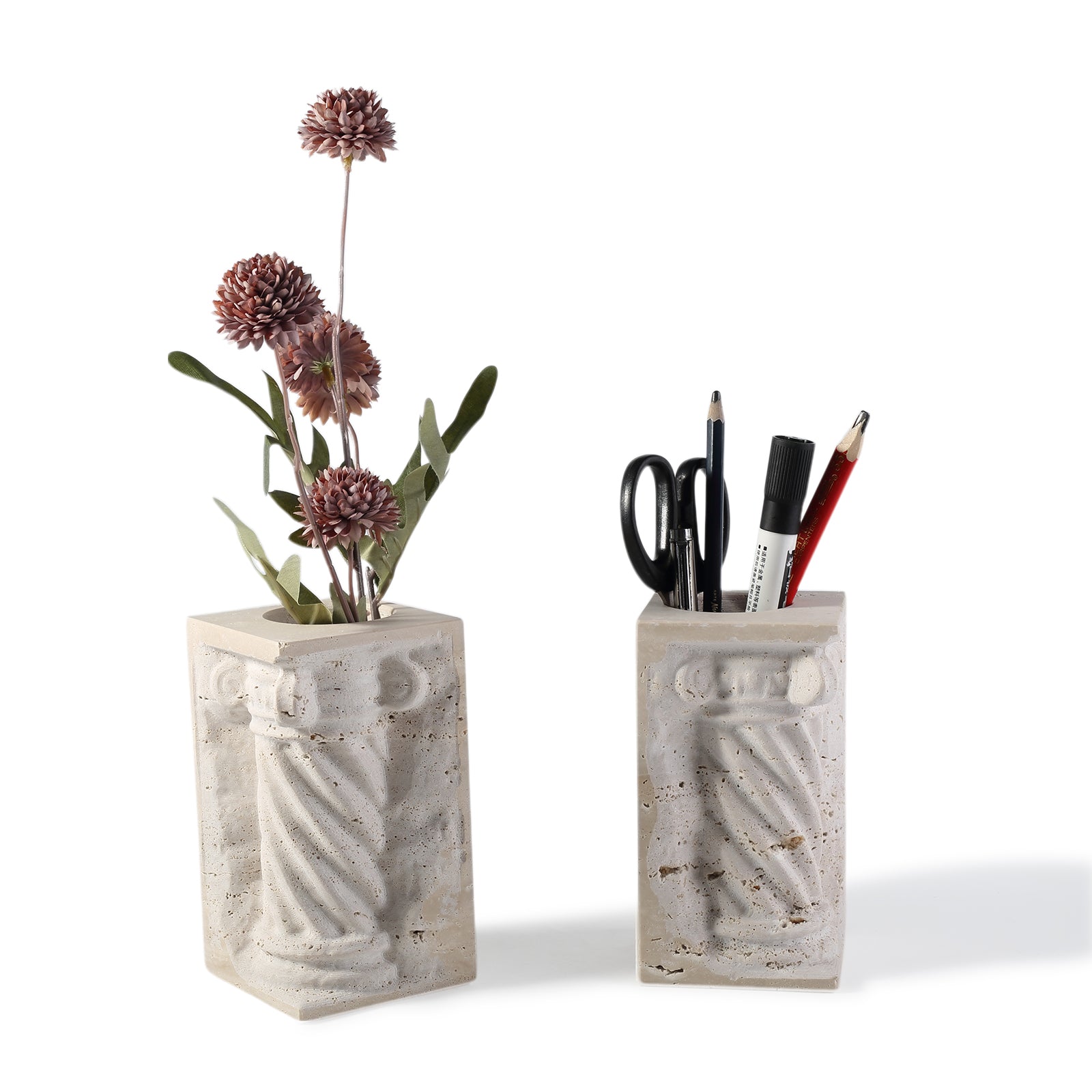 Koville roman column vase bookends set of 2 for shelves in Light BeigeTravertine natural stone