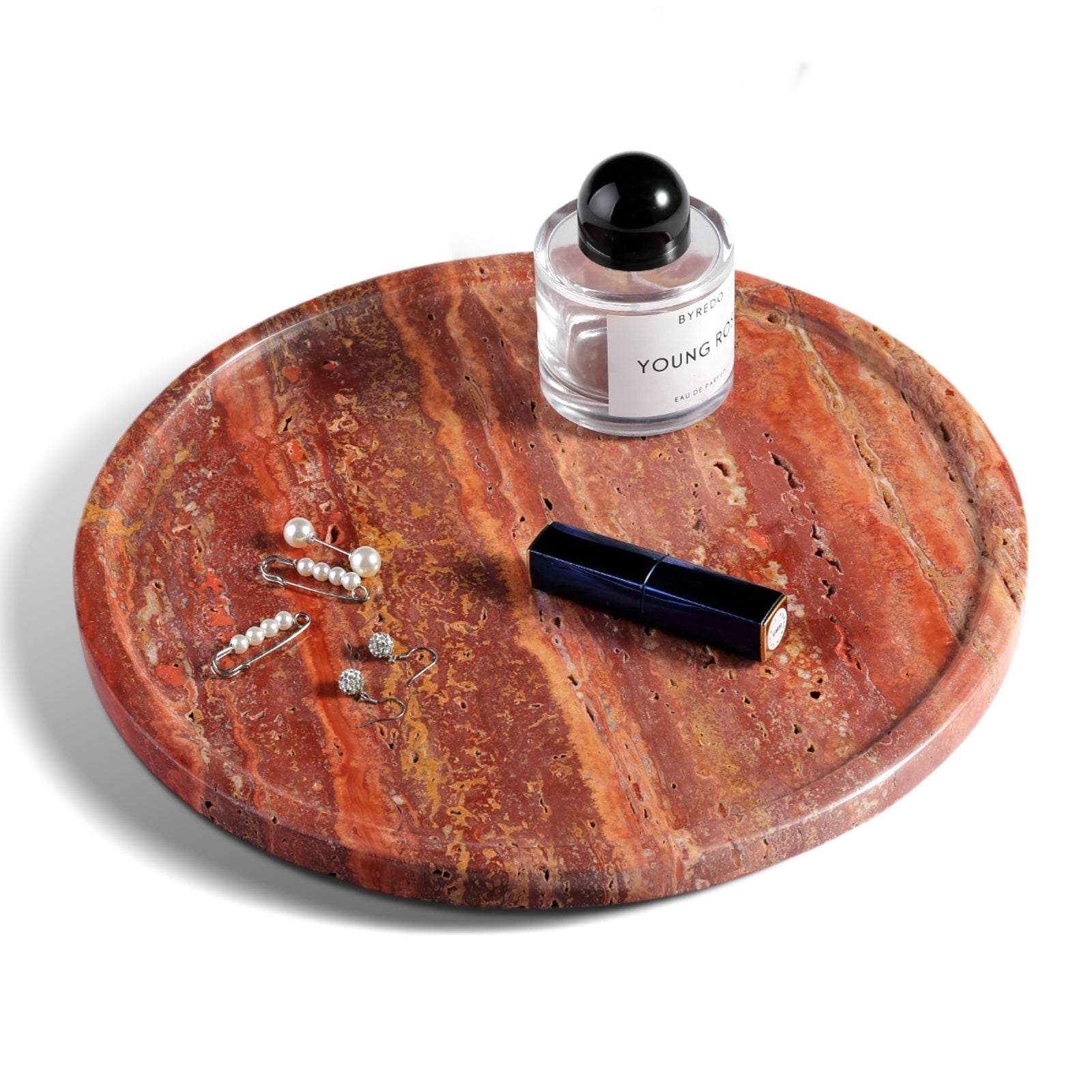 Koville round serving tray in multiple sizes for table styling in Red Travertine natural stone