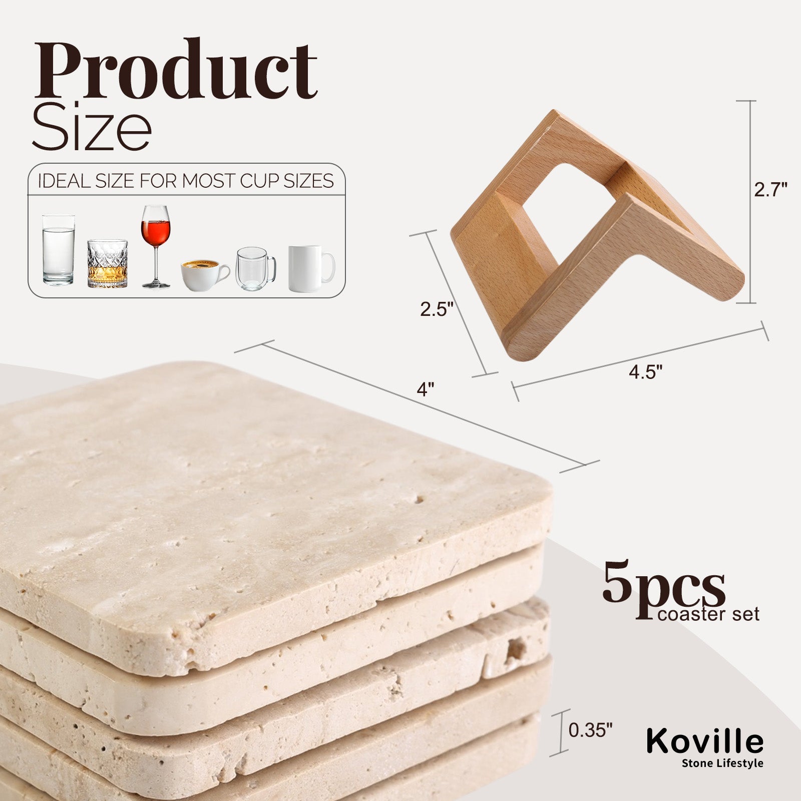 Koville Natural Stone Square Coaster Set for Table Protection in Travertino Romano - stone surface detail