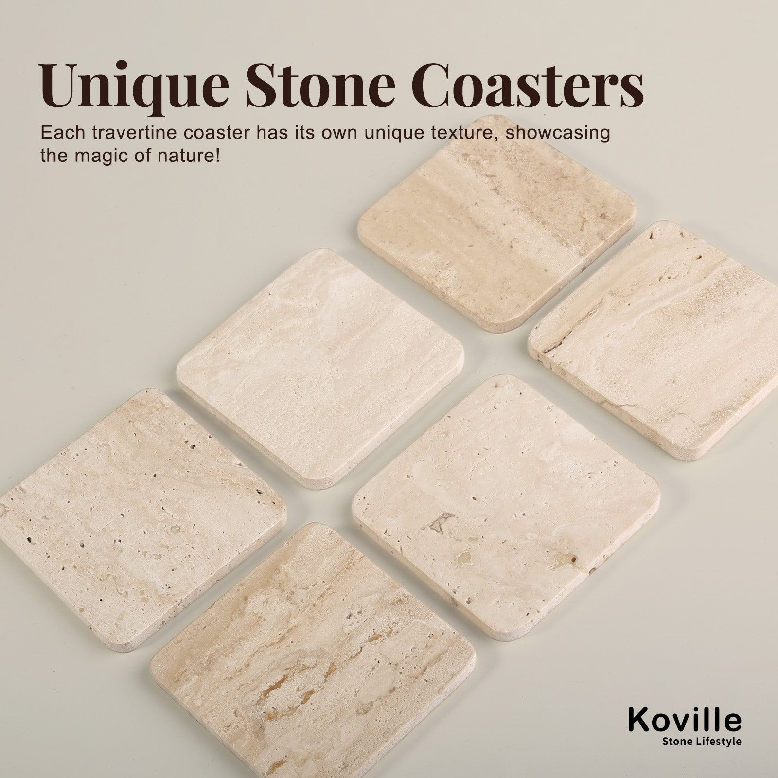 Koville Natural Stone Square Coaster Set for Table Protection in Travertino Romano - crafted stone profile