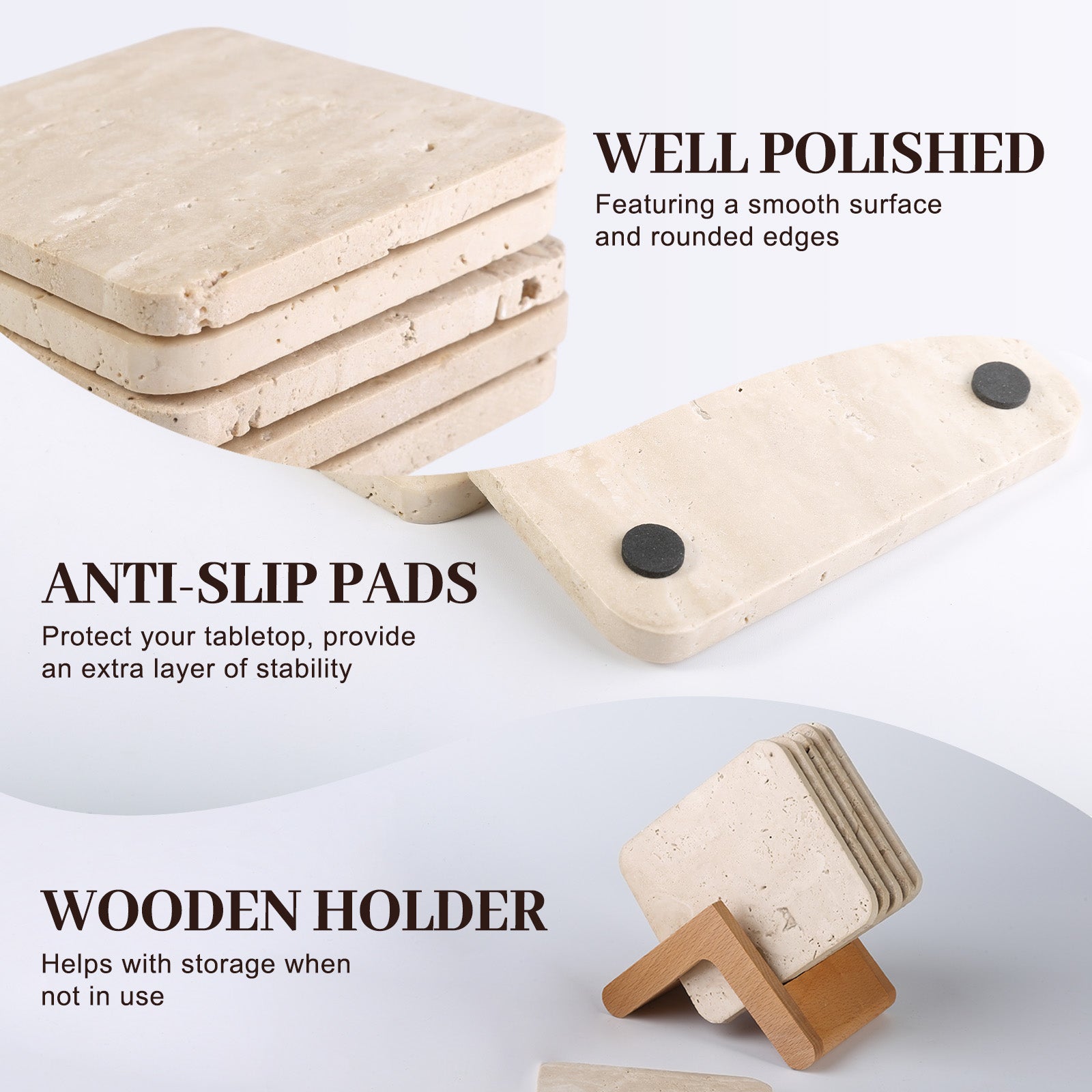 Koville Natural Stone Square Coaster Set for Table Protection in Travertino Romano - product presentation