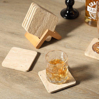 Koville Natural Stone Square Coaster Set for Table Protection in Travertino Romano - material detail