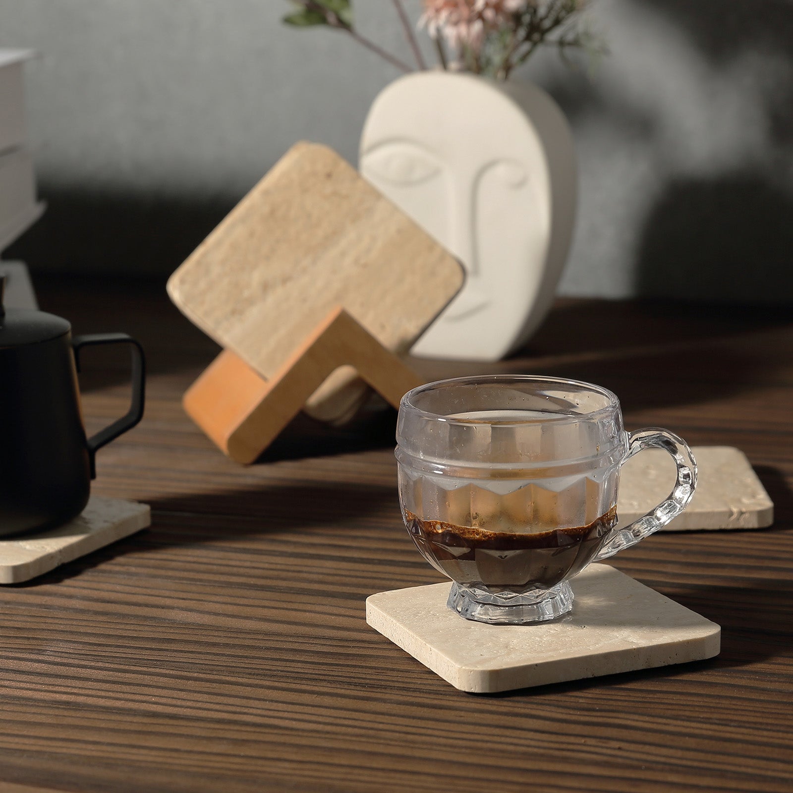 Koville Natural Stone Square Coaster Set for Table Protection in Travertino Romano - natural stone finish