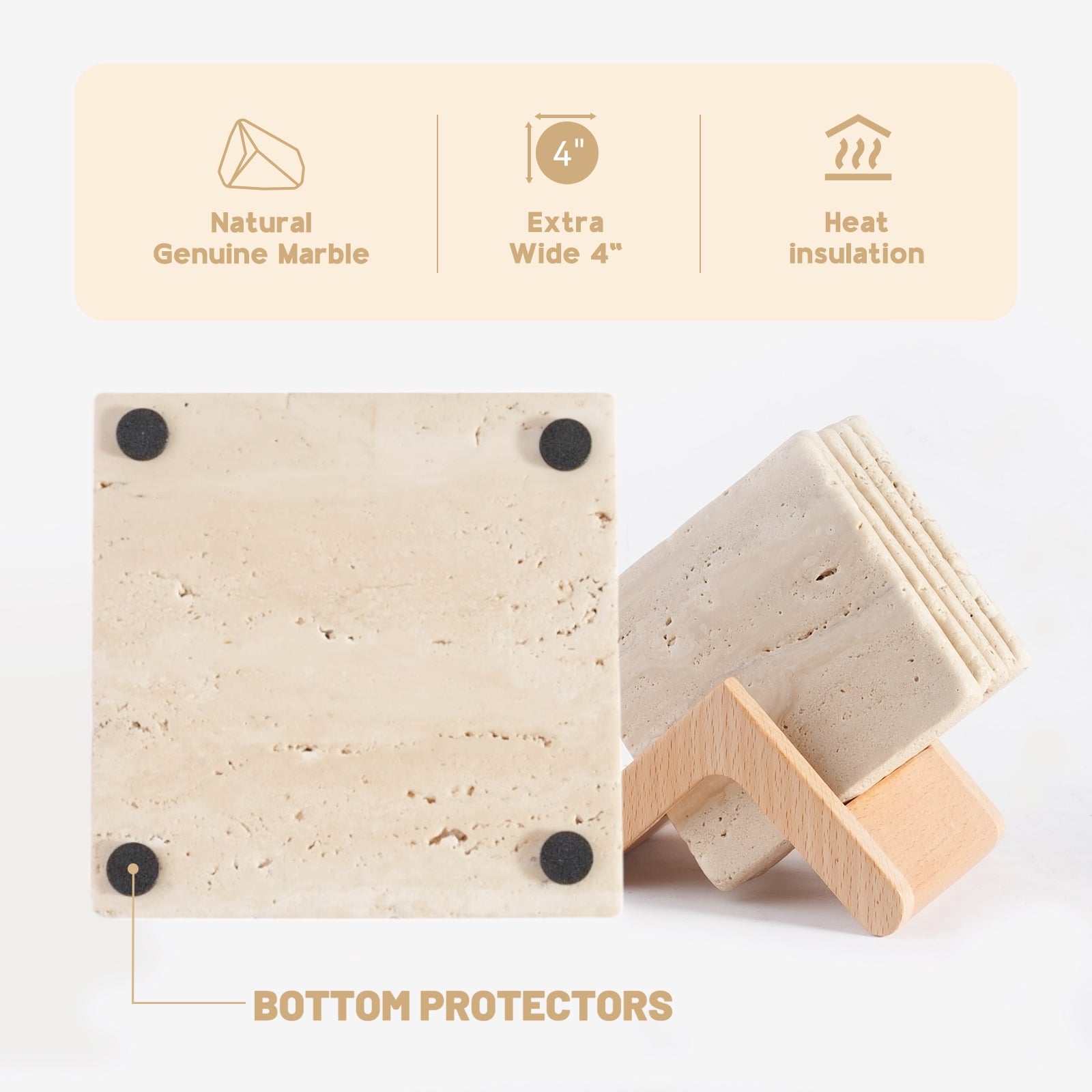 Koville Natural Stone Square Coaster Set for Table Protection in Travertino Romano - natural stone finish