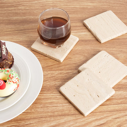 Koville Natural Stone Square Coaster Set for Table Protection in Travertino Romano - natural stone finish
