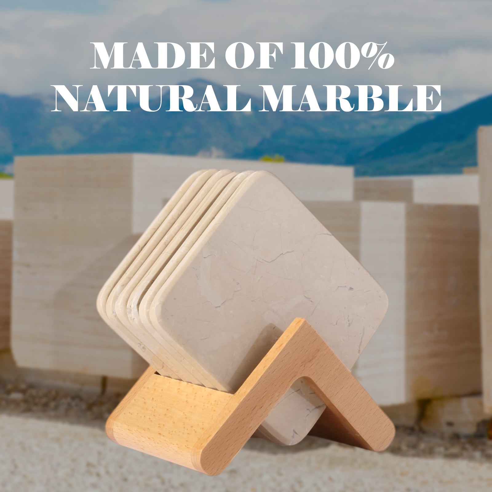 Koville Natural Stone Square Coaster Set for Table Protection in Travertino Romano - crafted stone profile