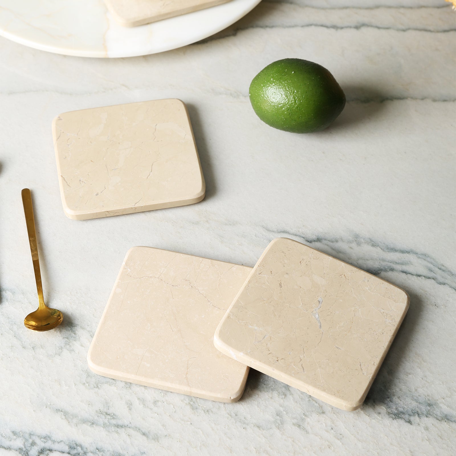 Koville Natural Stone Square Coaster Set for Table Protection in Travertino Romano - material detail