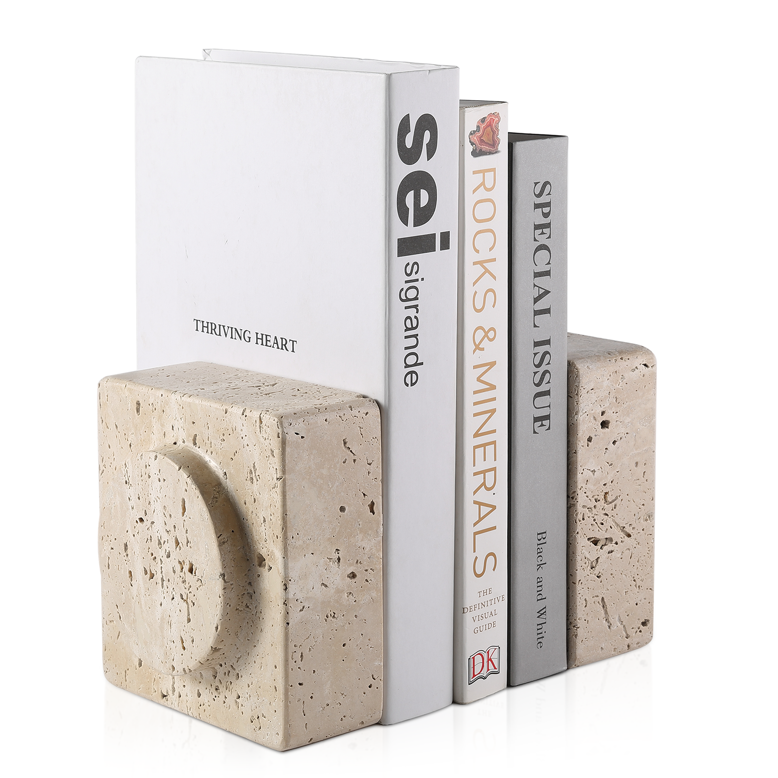 Koville Natural Stone Square Bookend Set for Modern Shelves in Travertino Romano - material detail