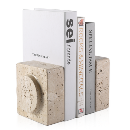Koville Natural Stone Square Bookend Set for Modern Shelves in Travertino Romano - material detail