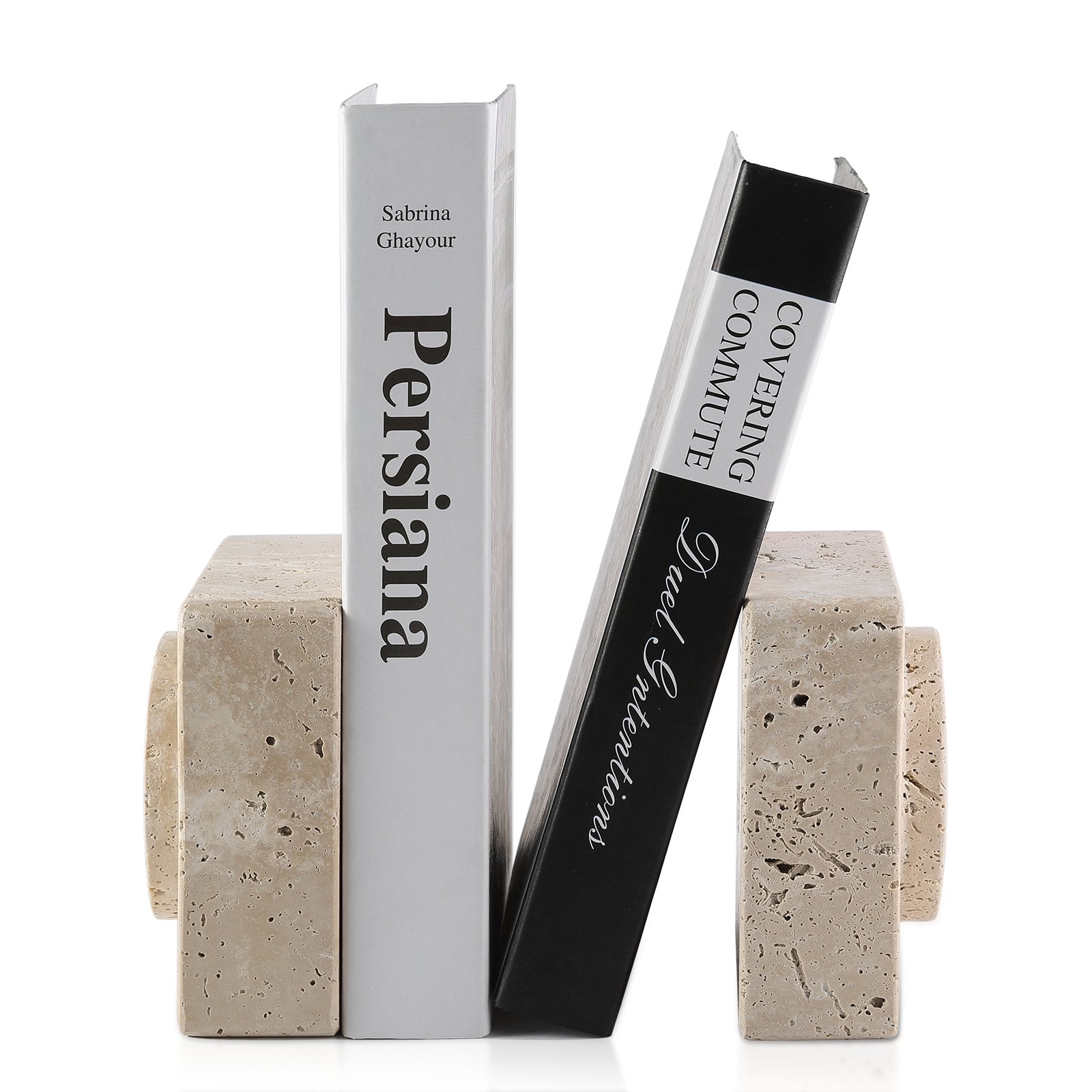 Koville Natural Stone Square Bookend Set for Modern Shelves in Travertino Romano - natural stone finish