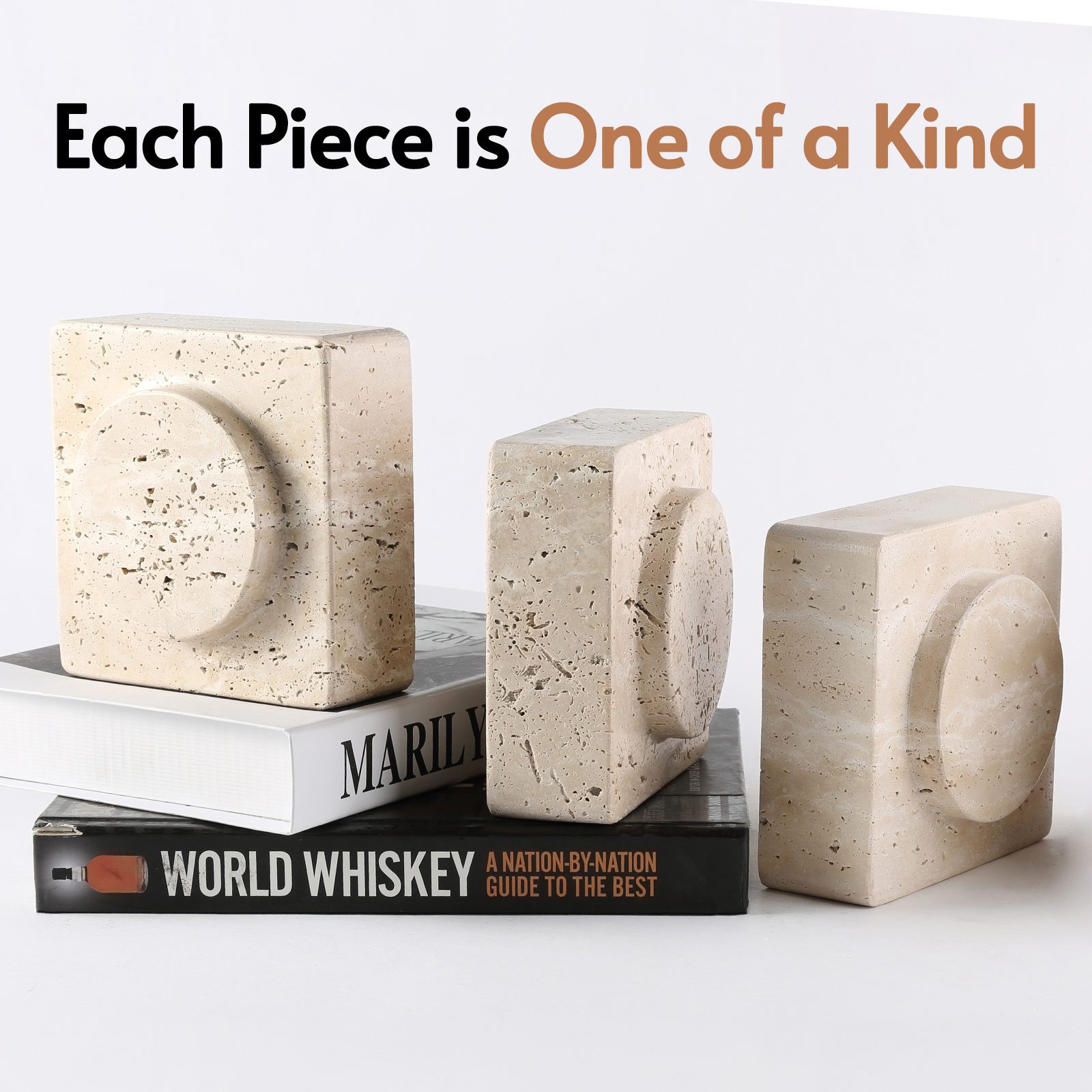 Koville Natural Stone Square Bookend Set for Modern Shelves in Travertino Romano - decorative form