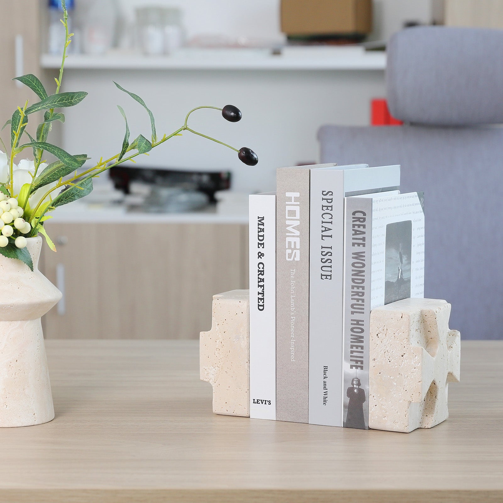 Koville Natural Stone Square Bookend Set for Modern Shelves in Natural Stone - natural stone finish