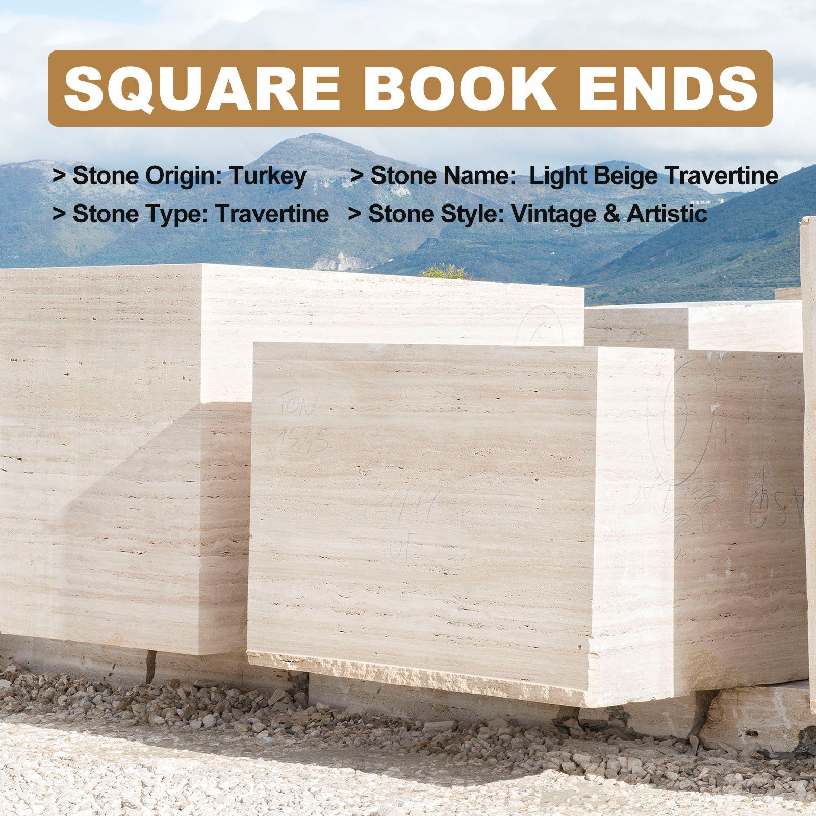 Koville Natural Stone Square Bookend Set for Modern Shelves in Natural Stone - crafted stone profile
