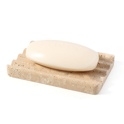 Koville Natural Travertine square wavy soap dish in Noce Travertine with sculpted wave surface