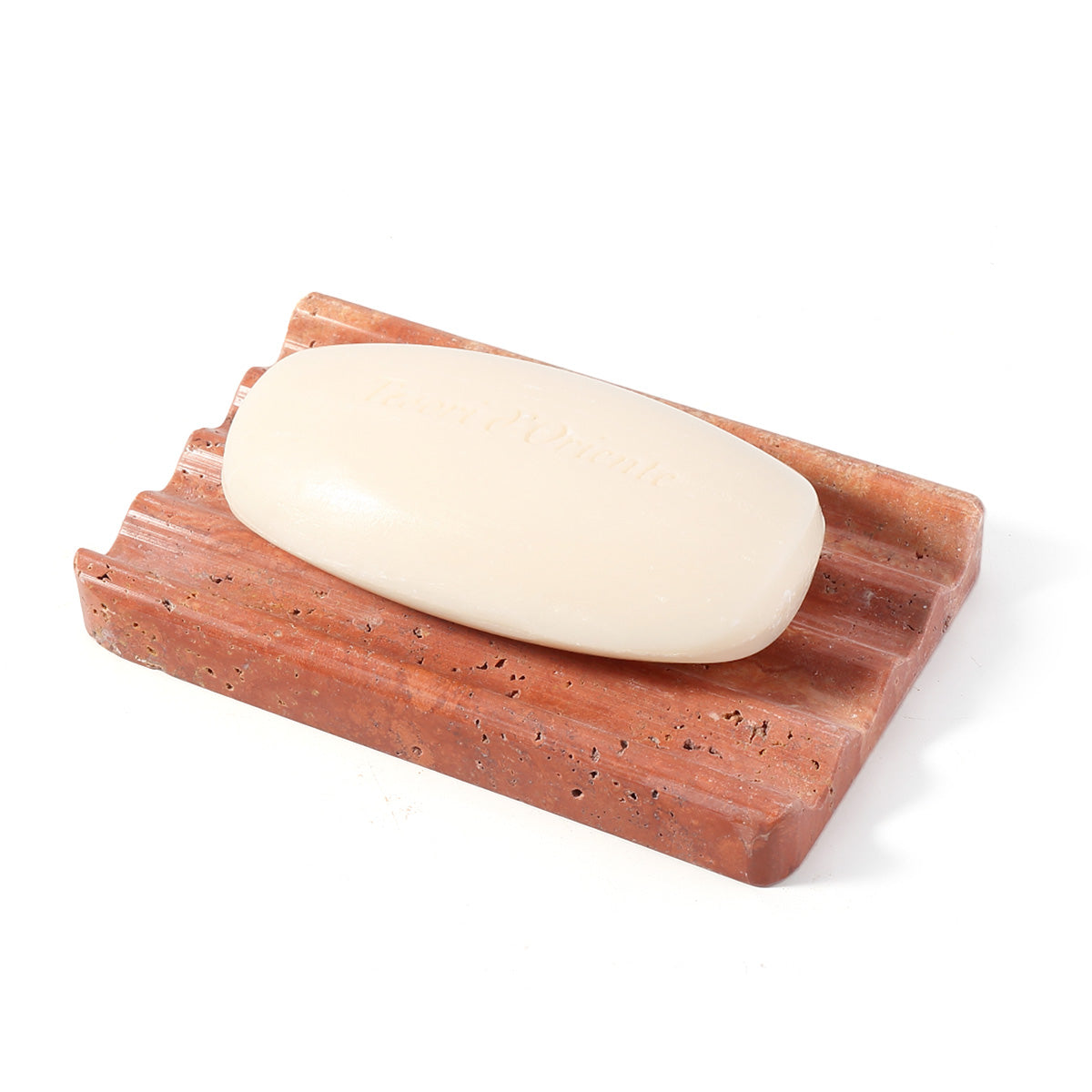 Koville Natural Travertine square wavy soap dish in Red Travertine with sculpted wave surface