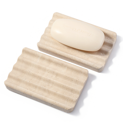 Koville Natural Travertine square wavy soap dish set of two in Travertino Romano with sculpted wave surface