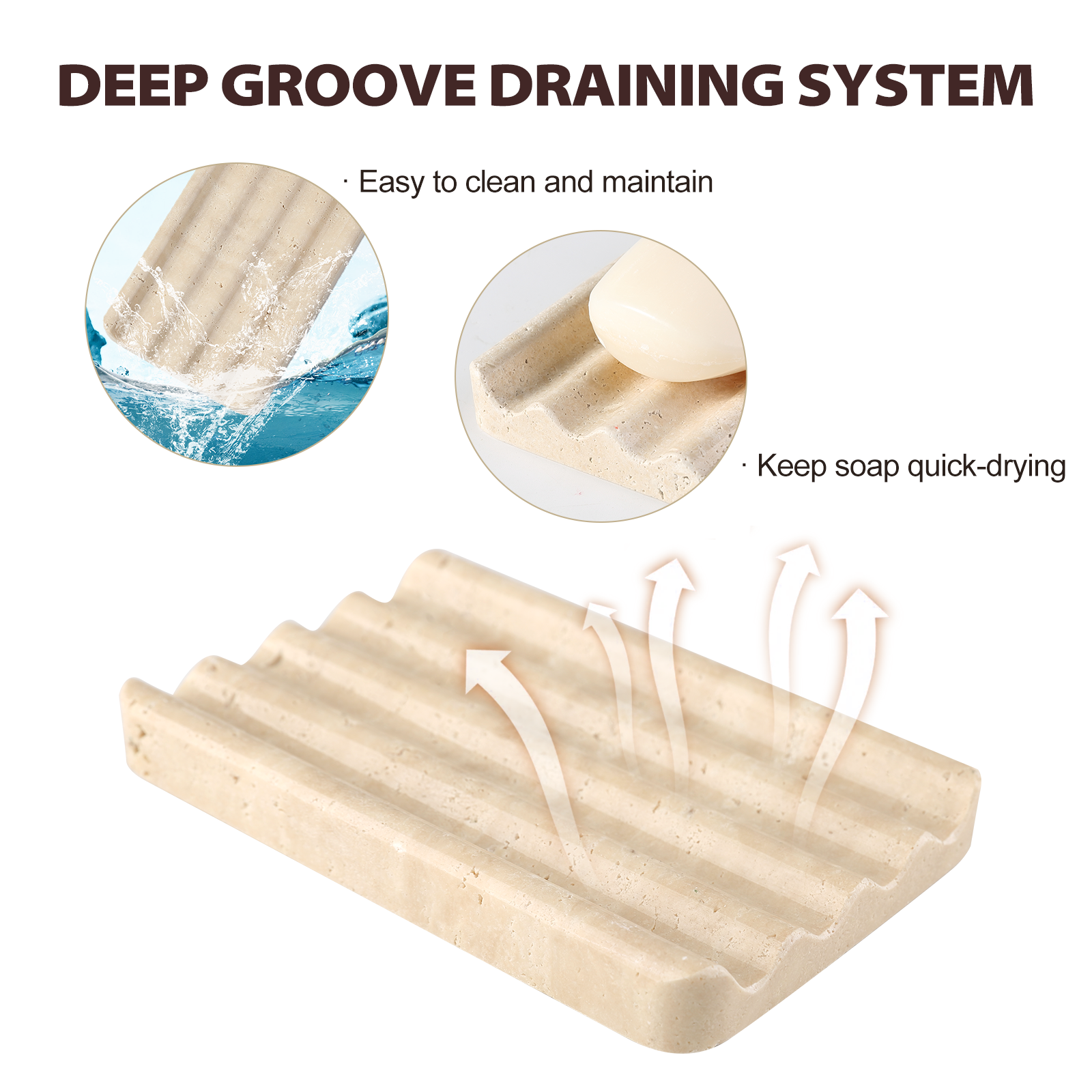Koville Natural Travertine square wavy soap dish set of two in Travertino Romano with sculpted wave surface