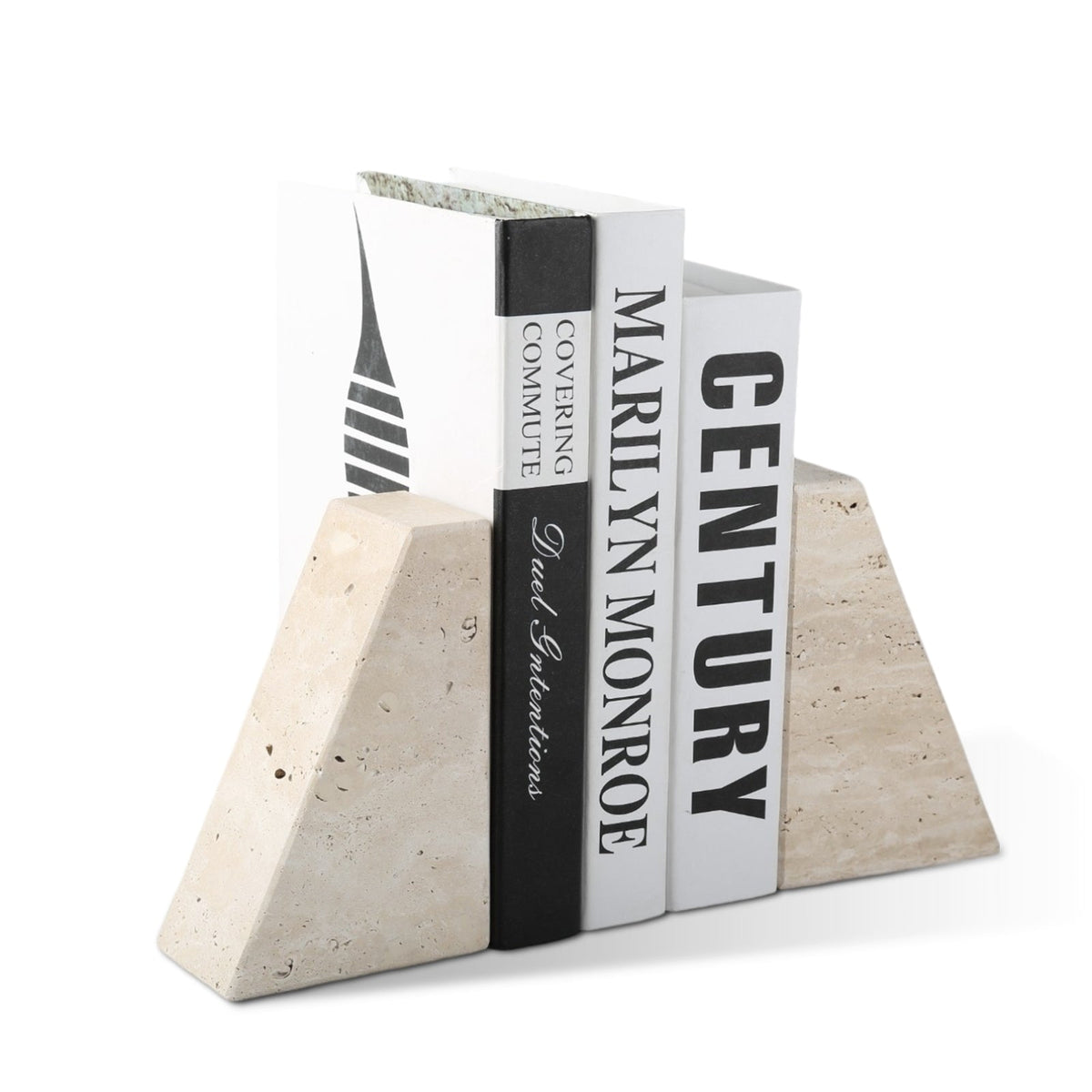Koville Natural Stone Trapezoid Bookends in Five Sizes for Shelves and Desks – Light Beige Travertine, view 1