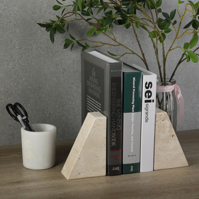 Koville Natural Stone Trapezoid Bookends in Five Sizes for Shelves and Desks – Light Beige Travertine, view 6